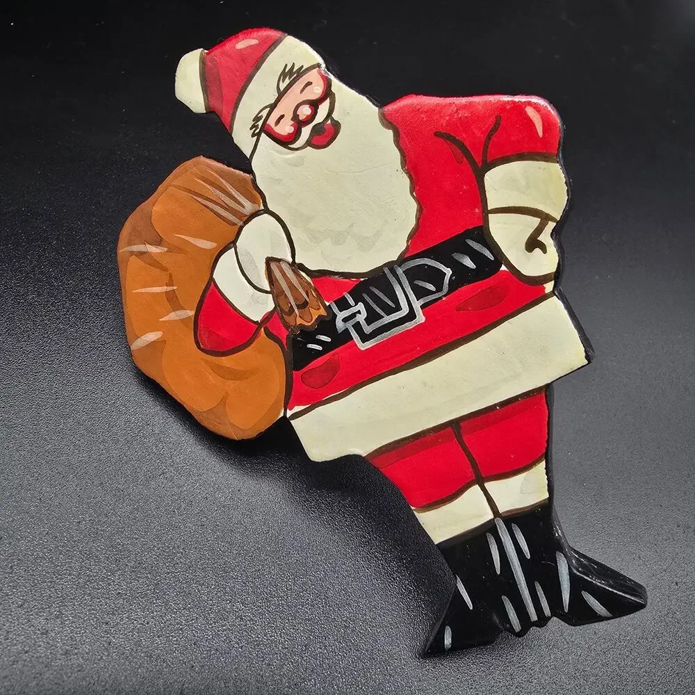 Hand‎ Painted Santa Claus Scarf Clip Slide Ring Vintage 1980s Christmas